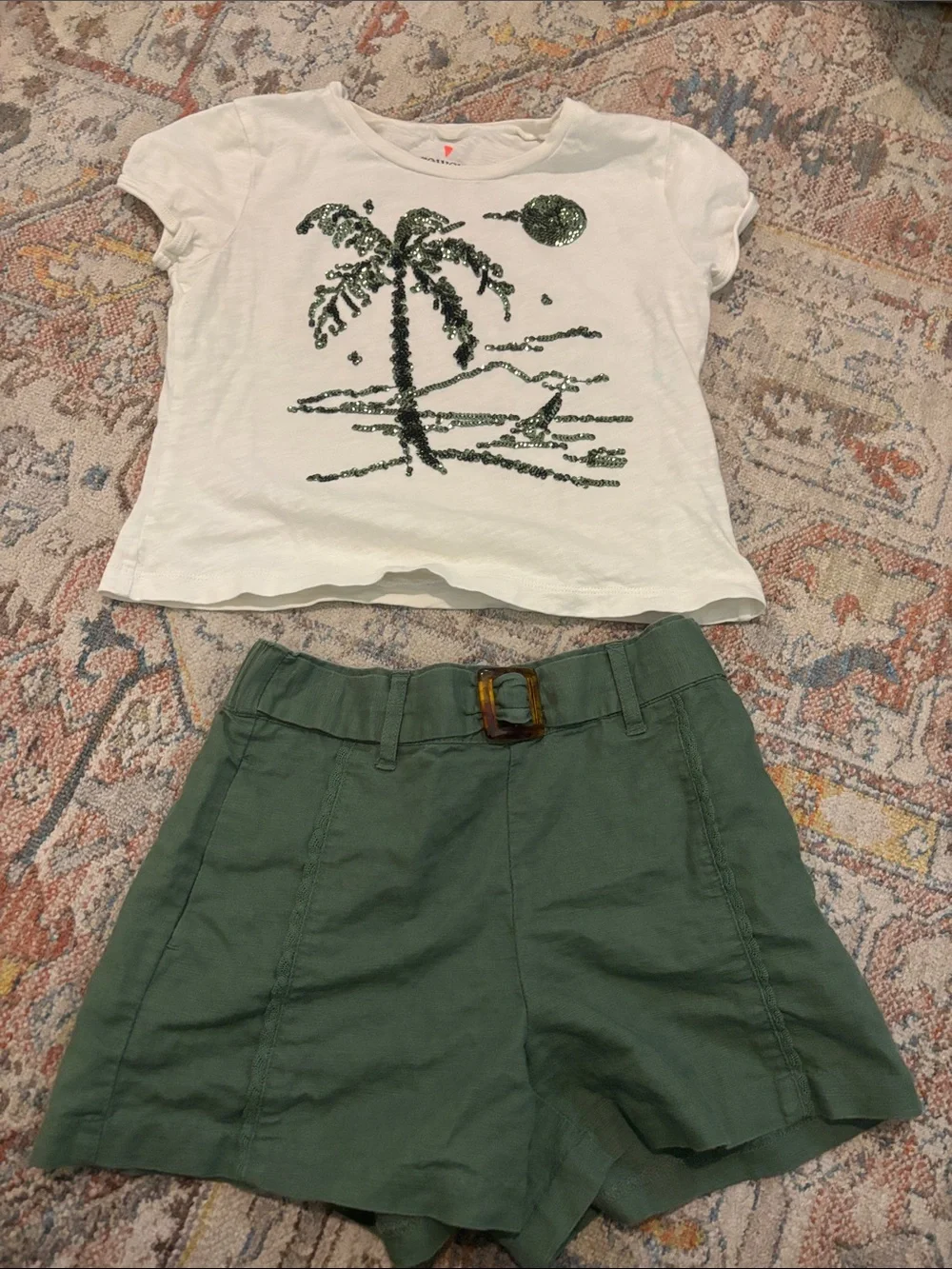 Janie and Jack White Sequin Palm Tee with Green Bermuda Shorts
